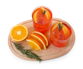 Aperol spritz cocktail in glasses, orange slices and rosemary isolated on white