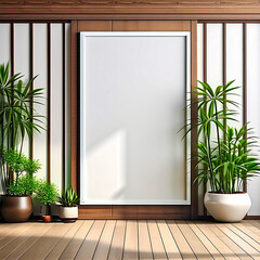 Rectangular frame mockup in Japanese style interior with plants 3D illustration,