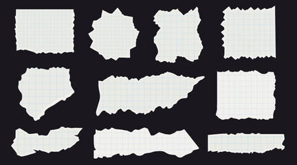 Set of white torn paper. Checked notebook sheets. Paper cuttings for collages and scrapbooking. Modern vector illustration design.