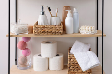 Different bath accessories and personal care products indoors
