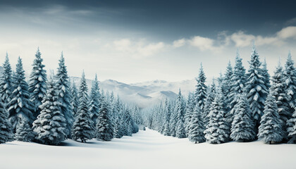 Fototapeta na wymiar Tranquil winter landscape snow covered mountains, pine trees, and blue sky generated by AI