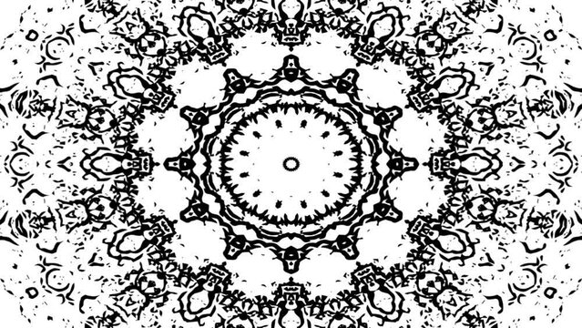kaleidoscope looping animated pattern background. animated video black and white mandala ornament pattern abstract grunge noise grain texture