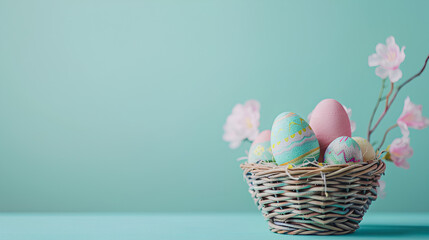 Easter basket with easter eggs on a soft pastel background with copyspace - obrazy, fototapety, plakaty
