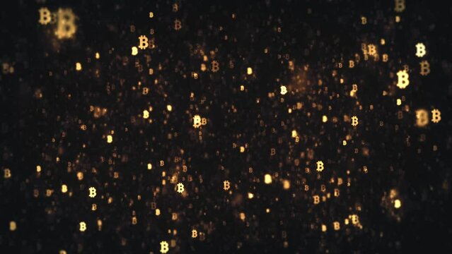Gold Bitcoin Crypto Currency Background/ Animation of an abstract background with golden bitcoin currency icon and depth of field blur effect