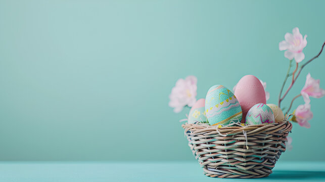 Easter basket with easter eggs on a soft pastel background with copyspace