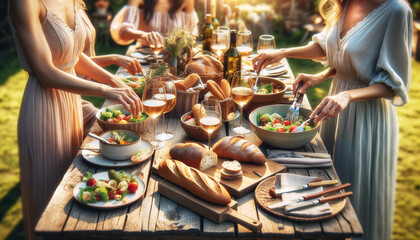 Friends Gathering for a Rustic Outdoor Lunch with Fresh Salads and Wine