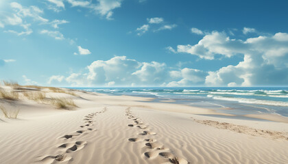 Blue sky, sandy dunes, tranquil waves, summer vacation by the coast generated by AI