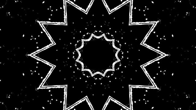 kaleidoscope looping animated pattern background. abstract animation video mandala pattern black and white grunge noise grain texture