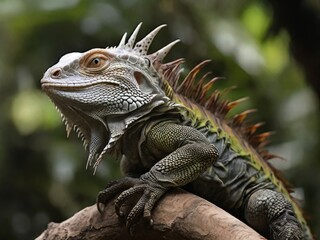 A side view of an iguana on a tree, showing its long tail and sharp claws