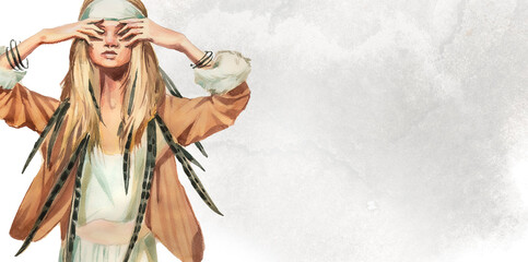 Fototapeta premium Native american woman with copy space banner painting. Ethnic concept illustration. Beautiful indian landscape and woman.