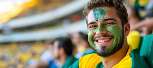 Poster de jardin Brésil Excited brazil fan with face paint cheering at sports event with stadium background and copy space