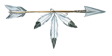 Beautiful watercolor hand painted arrows with feathers illustration isolated on white. Tribal design. Indian concept clipart. 