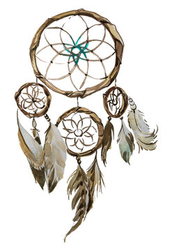 Watercolor hand painted Indian dreamcatchers illustration isolated on a white background. Indian culture concept.