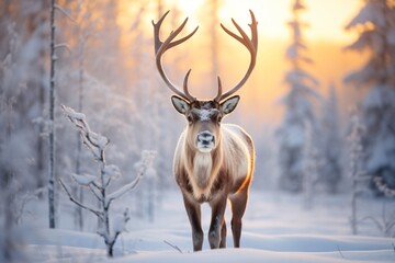 Closeup of a reindeer in a winter forest with trees covered in snow