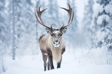 Closeup of a reindeer in a winter forest with trees covered in snow