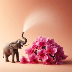 An elephant with a trunk waters pink flowers, a spring concept.