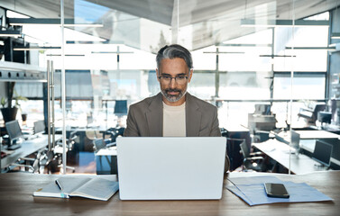 Middle aged professional business man ceo investor working online looking at computer in office. Busy older mature businessman executive or entrepreneur wearing suit sitting at desk using laptop.