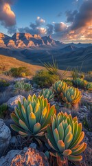 view desert landscape variety plants texas magazine foreground morals mountain sunrise plant sap vertical symmetry earth wall zoomed out show entire digital - obrazy, fototapety, plakaty