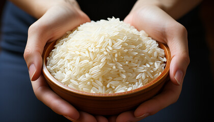 One person holding a bowl of healthy organic basmati rice generated by AI - 738194749