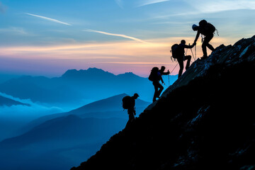 A group of hikers team with backpacks helping each other hike up a mountain. Adventurous lifestyle. Teamwork concept. - obrazy, fototapety, plakaty