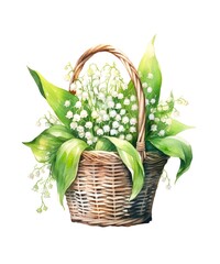 Watercolor illustration of a bouquet of lilies of the valley in wicker basket isolated on white background.