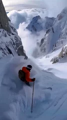 Fotobehang skier orange jacket skiing down steep mountain snow amazing inspiring hell argentina video oculus quest still white powder bricks kami © Cary