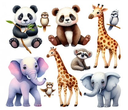 Cute cartoon animals on white background: pandas, elephants, giraffes and some birds. Generative AI.