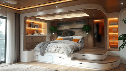 Radiant bedroom ambiance illuminated by soft hues and warm lighting for a cozy retreat