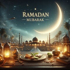 Ramadan Mubarak with a mosque background - obrazy, fototapety, plakaty