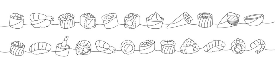Sushi and rolls set. Japanese traditional food one line drawing. Ikura sushi, tobiko maki, philadelphia roll, onigiri, shrimp nigiri, tekkamaki tuna
