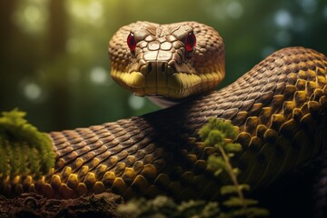 Closeup of an orange colored venomous snake on a tree