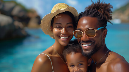A man, woman, and child in sunglasses and sun hats smiling for a beach photo