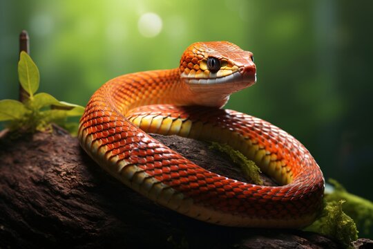 Closeup of an orange colored venomous snake on a tree