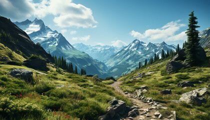 Fototapeta premium Majestic mountain peak, green meadow, tranquil footpath, breathtaking landscape generated by AI