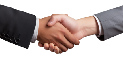 Two businessmen shaking hands, isolated on transparent background. Handshake concept.