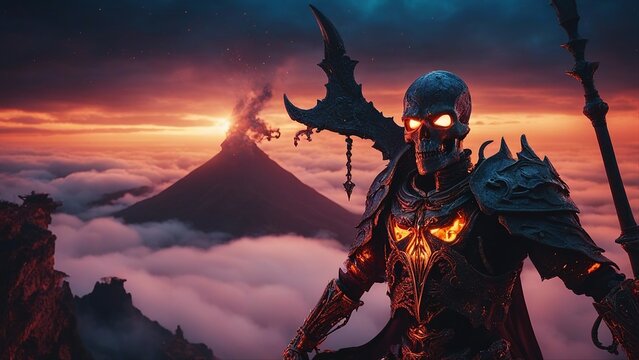 fallen angel with sword highly intricately photograph of Burning dragon demon skeleton knight over volcano  