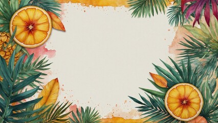 watercolor tropical framework for photo or congratulation with fruits and leaves decoration, frame for cards with copy space
