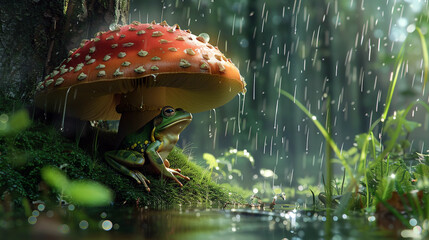 A green frog takes shelter under a red toadstool, surrounded by lush vegetation as raindrops fall gently in a tranquil, enchanting forest scene.Animal behavior concept. AI generated. - obrazy, fototapety, plakaty