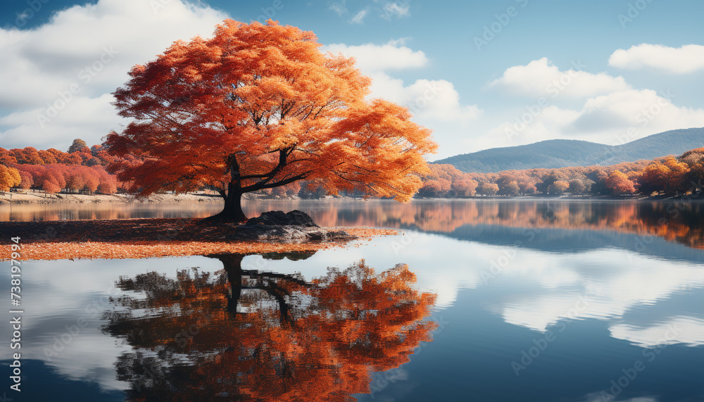 Poster Tranquil autumn forest reflects vibrant colors in tranquil pond generated by AI