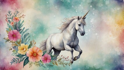 Obraz na płótnie Canvas watercolour unicorn with colorful flowers, background with shabby chic look style, design for cards crafting