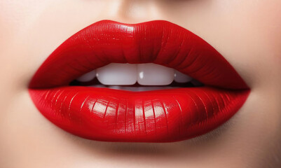 Obraz premium Red shiny lips closeup. Red lipstick make up.