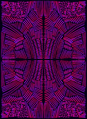 Glowing psychedelic trippy fractal mandala, gradient pink purple color line, isolated on black background. Stylish card.
