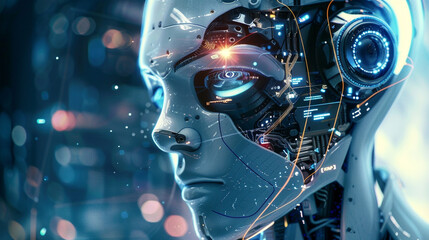 Robotique Cosmique : Tête dans Galaxie Futuriste. Une tête de robot au sein d'une galaxie futuriste, où les réseaux de neurones s'entremêlent. Les connexions complexes en constante évolution.