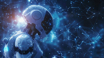 Robotique Cosmique : Tête dans Galaxie Futuriste. Une tête de robot au sein d'une galaxie futuriste, où les réseaux de neurones s'entremêlent. Les connexions complexes en constante évolution. - obrazy, fototapety, plakaty