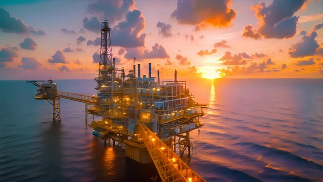 Oil rig in the middle of the sea during sunset