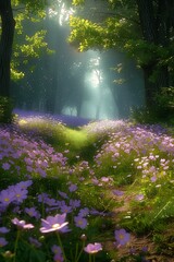 field purple flowers middle forest dawn heavenly light path spring green sparkling sunlight blossoming heaven lighting dew daytime