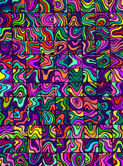 Crazy puzzle background with bright funny many waves patterns. Doodle stylish card. Fun cartoon decorative lines texture.
