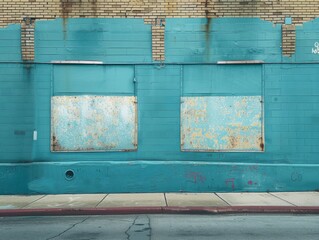 the square brick wall with blue and white  paint 