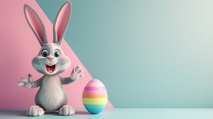 Easter bunny with easter egg on a pastel background with copyspace, poster background for easter 2024 - obrazy, fototapety, plakaty