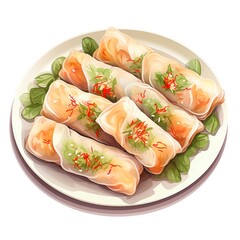 Vegetarian vietnamese spring rolls with spicy sauce, carrot, cucumber, red cabbage and rice noodle on a white background top view